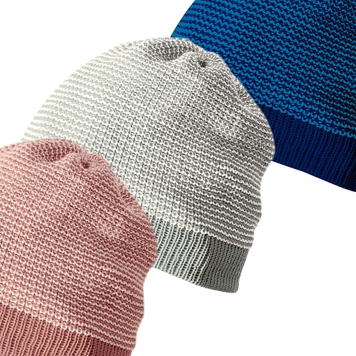 Cappellini in pura lana merino rosa, grigio e blu brillante